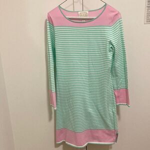 Sail To Sable Cotton Blend Knit Dress with Long Sleeves. Mint green/pink stripe.